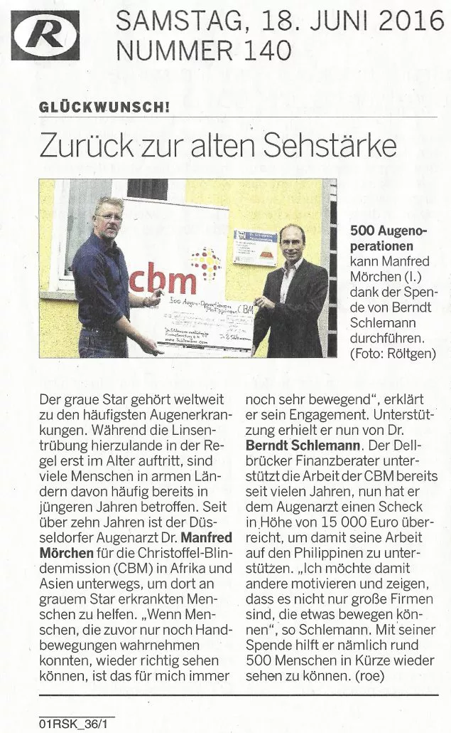 CBM Spende Bericht Rundschau 18.6.2016