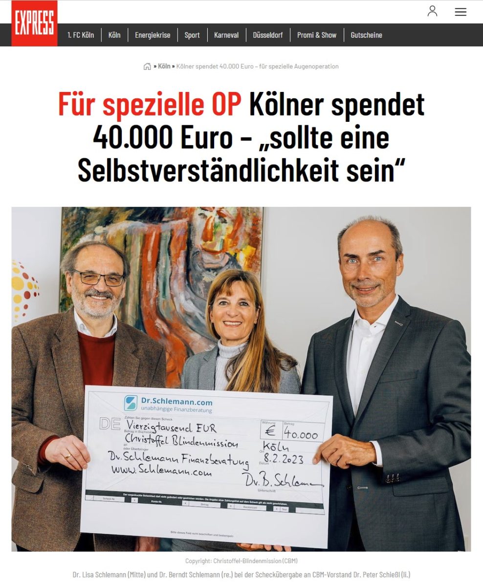 Kölner Express Spende Christoffel-Blindenmission 9.2.2023