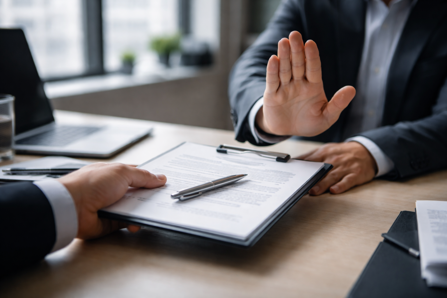 Fehler PKV-Beratung: Die 4 häufigsten Fehler – und wie Sie sie erkennen 6 Hand schiebt einen Vertrag und Stift drängend über den Schreibtisch, eine andere Hand signalisiert Stopp – Symbol für zu verkäuferische PKV-Beratung
